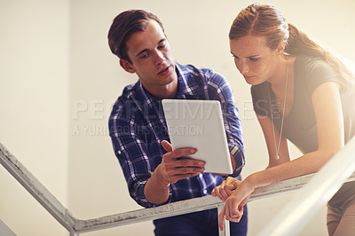Buy stock photo Staircase, tablet and business people with communication for meeting, support and collaboration. Professional employees, technology and planning with teamwork for project, research or discussion