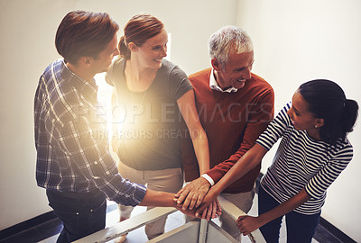 Buy stock photo Lens flare, people or hand for diversity, unity or hope in collaboration, trust and motivation. Team, huddle and smile for teamwork, gender equality and inclusion for employee engagement in office