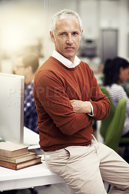 Buy stock photo Leader, portrait and senior businessman with arms crossed in office with confidence, pride or business success. Face, mindset or executive proud of company, growth or productivity in busy workspace