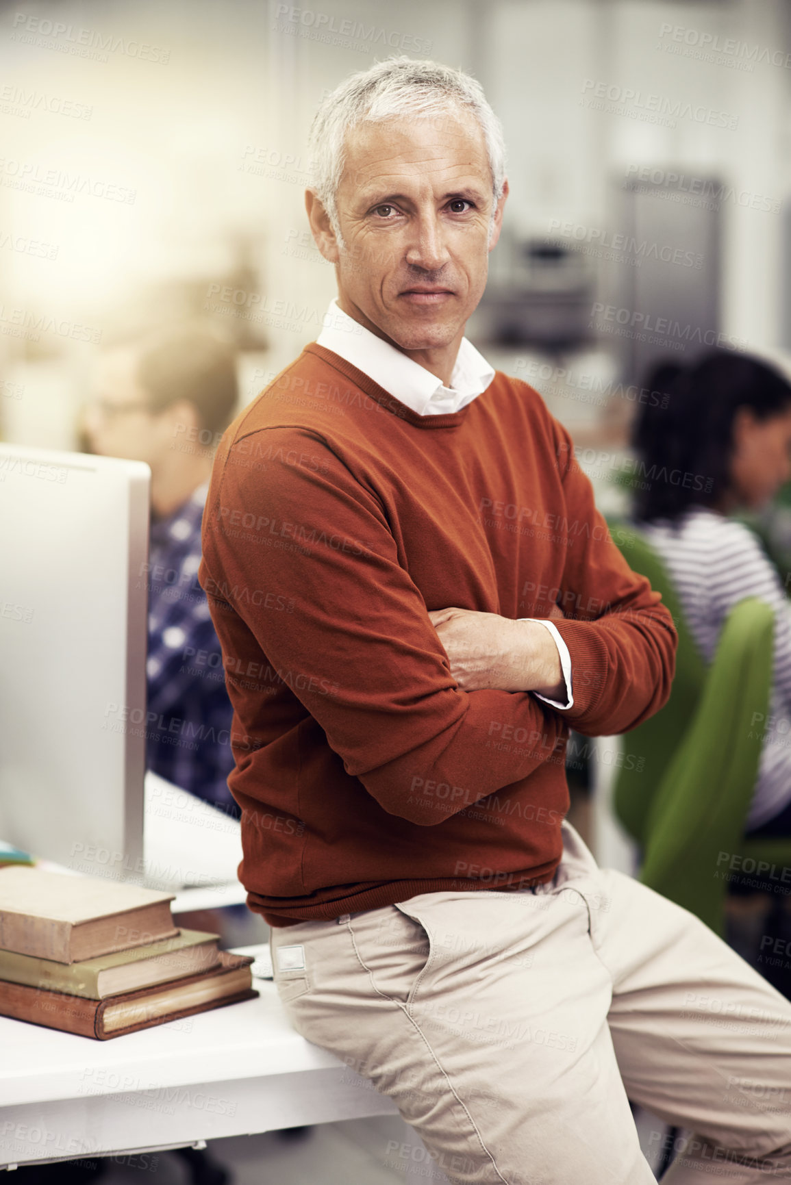 Buy stock photo Leader, portrait and senior businessman with arms crossed in office with confidence, pride or business success. Face, mindset or executive proud of company, growth or productivity in busy workspace