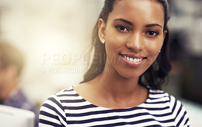 Buy stock photo African employee, portrait and smile with closeup, desk and business and company or workspace. Woman, startup and office with entrepreneur, face and happiness with work and career at design agency