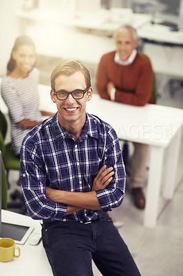 Buy stock photo Portrait, businessman and professional in office, technology and confident in coworker workspace. Smile, happy or employee for teamwork collaboration, creative or proud career and design team
