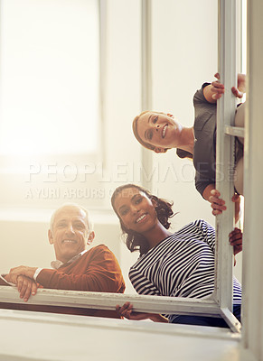 Buy stock photo Man and women, colleagues and bottom view with smile, business people and looking at stairs. Professional team, diversity and standing for break, flare and conversation in workplace or office
