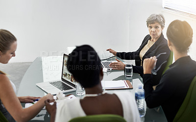 Buy stock photo Teamwork, meeting and business women on laptop for discussion, website review and online project. Company startup, corporate and people on computer for planning, research and collaboration in office