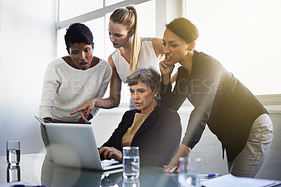 Buy stock photo Corporate, meeting and business women on laptop for research, website review and online project. Company startup, teamwork and people on computer for planning, discussion and collaboration in office