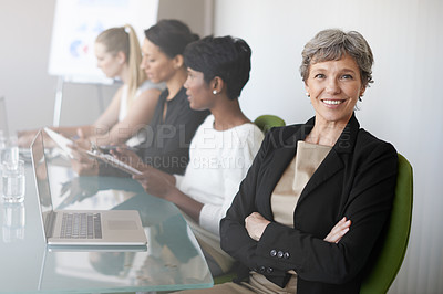 Buy stock photo Business people, portrait and boardroom meeting or teamwork presentation or company staff, clients or confidence. Mature woman, face and corporate professional or financial planning, report or review