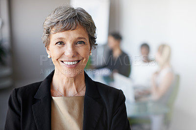 Buy stock photo Portrait, corporate and mature woman with happiness, meeting and management with skills, confident and a smile at the workplace. Face, happy female person or manager with joy, success or professional