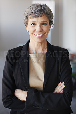 Buy stock photo Mature, businesswoman and portrait as corporate professional for financial advisor or advice, investment or accounting. Female person, face and arms crossed in office for pride, trust or confidence