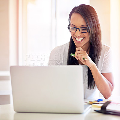 Buy stock photo Happy, woman and reading email on laptop and planning with research information in notebook. Entrepreneur, excited or writing communication online with diary or journal on desk and ideas for startup