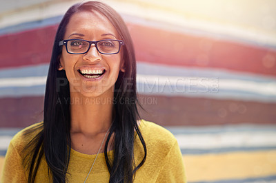 Buy stock photo Woman, portrait and smile for eyewear outdoors, cool frame and proud of lens by wall background. Female person, prescription and designer glasses or style, optical health and happy or confidence