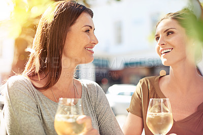 Buy stock photo Friends, relax and happy at restaurant with wine to drink on holiday or vacation date together. People, smile and enjoy glass of chardonnay, alcohol or champagne outdoor at cafe at dinner in city