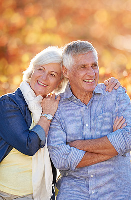 Buy stock photo Senior couple, nature and thinking of future together in autumn, park or vineyard or happy, marriage in retirement or relax, love or happiness. Elderly people, smiling outside in fall countryside