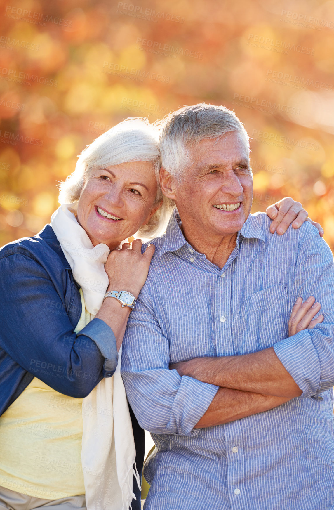 Buy stock photo Senior couple, nature and thinking of future together in autumn, park or vineyard or happy, marriage in retirement or relax, love or happiness. Elderly people, smiling outside in fall countryside
