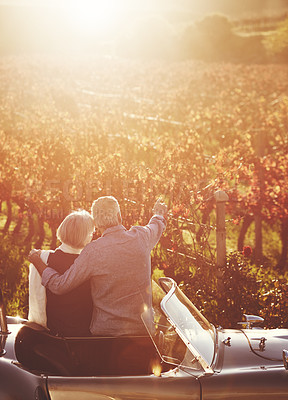 Buy stock photo Romantic, senior couple and vintage car on vineyard for wine tasting, sharing view or memories together. Elderly man, mature woman and countryside sunset for celebration, farm date or retirement
