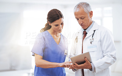 Buy stock photo Shot of two medical professionals looking at a digital tablet