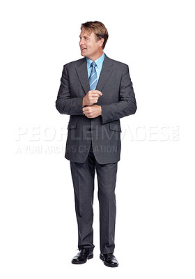 Buy stock photo Professional, business man and corporate suit of a financial consultant with white background. Studio, isolated and finance worker model ready for executive company working feeling proud and happy