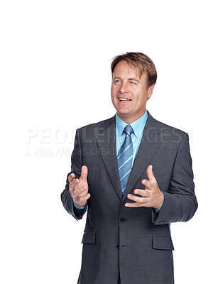 Buy stock photo Businessman, ceo speaker and senior employee ready for a financial presentation with a smile. White background, mature worker and finance professional model looking proud and smart in a studio 
