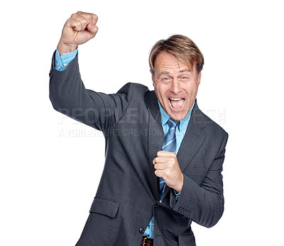 Buy stock photo Business man, success and fist pump with winner in career, celebrate and champion isolated on white background. Happy man, excited about professional win and cheers with leadership and celebration
