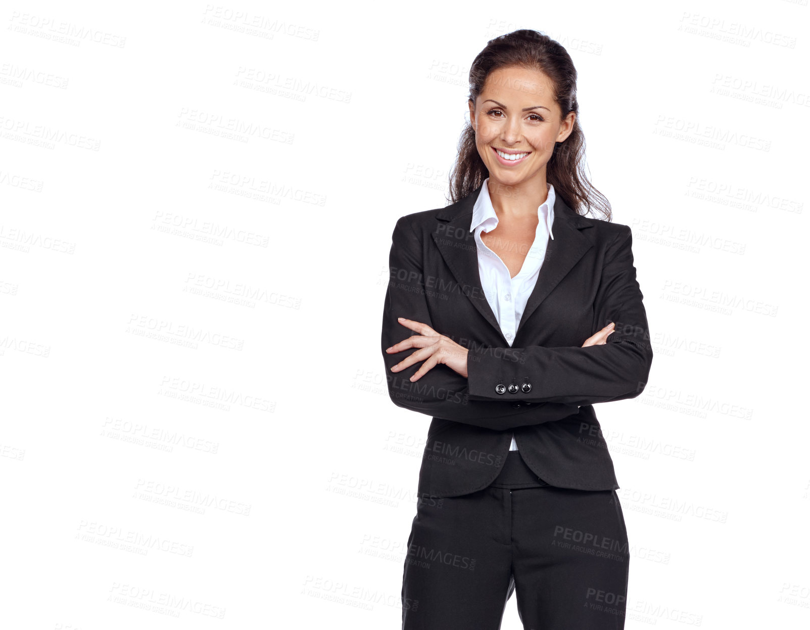 Buy stock photo Woman, corporate and studio portrait with arms crossed, smile and happiness by white background. Isolated executive, business leader and happy for mission, innovation and success with company vision