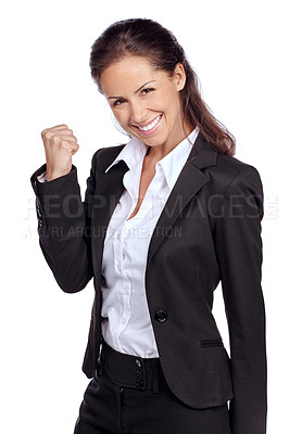 Buy stock photo Business woman, success in portrait with achievement in career, winner and champion isolated on white background. Yes, corporate employee goals and mindset with fist pump and happy woman celebrate