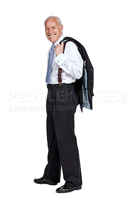 Buy stock photo Portrait, business and mockup with a senior man in studio isolated on a white background for advertising. Marketing, mock up and space with a mature male employee holding his jacket on blank space