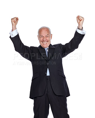 Buy stock photo Studio portrait, senior businessman and celebration with fist hand, excited and white background. Elderly corporate leader, isolated ceo and smile to celebrate, motivation and hands in air with suit