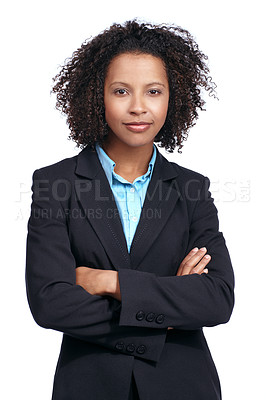 Buy stock photo Black woman, business studio portrait and arms crossed, vision and suit by white background. Corporate leader woman, focus and proud with smile, strategy or mission for motivation, success and goals