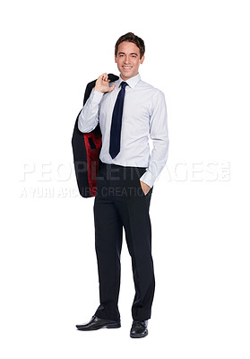 Buy stock photo Business man, corporate portrait and success with leadership and ceo isolated on white background. Executive businessman, smile and mindset with vision, happy with professional mockup and leader