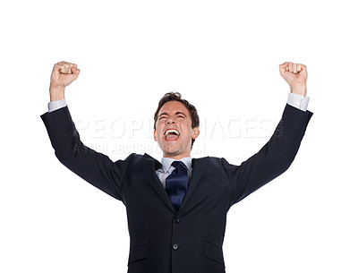 Buy stock photo Business man, success and winner with achievement in career, celebrate and champion isolated on white background. Happy man, excited about professional win and cheers with leadership and celebration