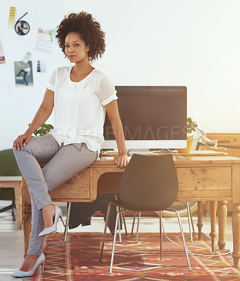 Buy stock photo African woman, designer and portrait in office by computer for fashion, creativity and small business. Person, pride and entrepreneurship by tech with clothes, career and mockup space at workplace