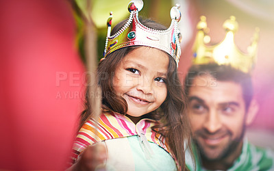 Buy stock photo King, play or dad with princess or girl in home in a bedroom fort with crown costume or fun parent. Family castle, happiness or smile with father and an excited child for a dress up or sword game