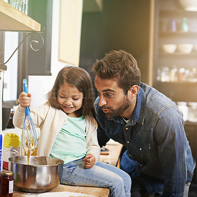 Buy stock photo Cooking, breakfast and father with daughter in kitchen for pancakes, bonding and learning. Food, morning and helping with wow man and girl in family home for baking, support and teaching nutrition