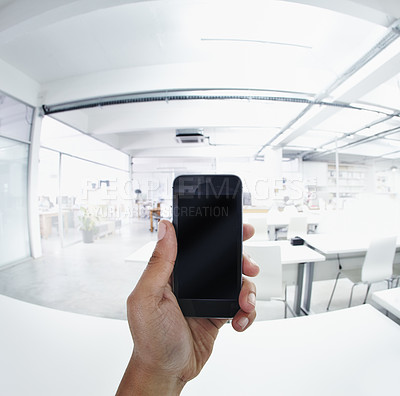 Buy stock photo Pov, phone screen and mockup with hands of person in office for communication, website and digital. Technology, internet and contact with closeup of business man for social media, connection and text