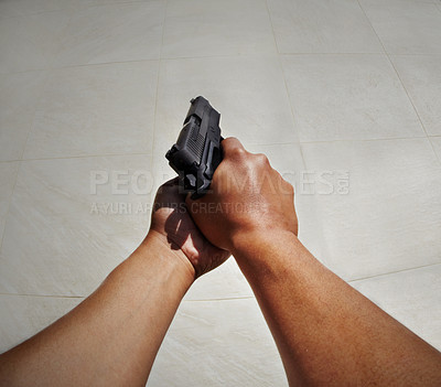 Buy stock photo Hands, pov and man with gun against white background for target, practice or training on mockup. Space, weapon and security guard with firearm for shooting, legal or protection from crime or danger