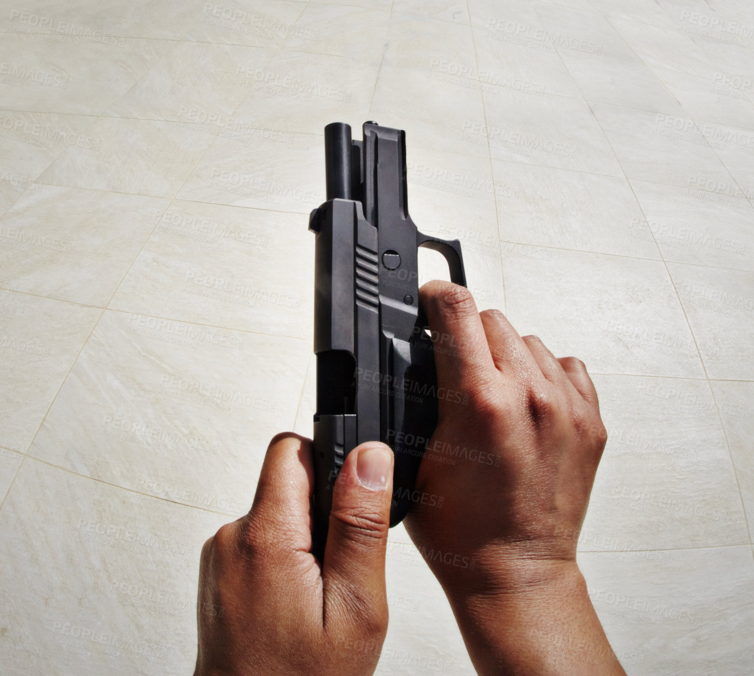 Buy stock photo Top view, hands and man with gun white background for target, practice or training on mockup. Space, weapon and security guard with firearm for shooting, killing or protection from crime or danger