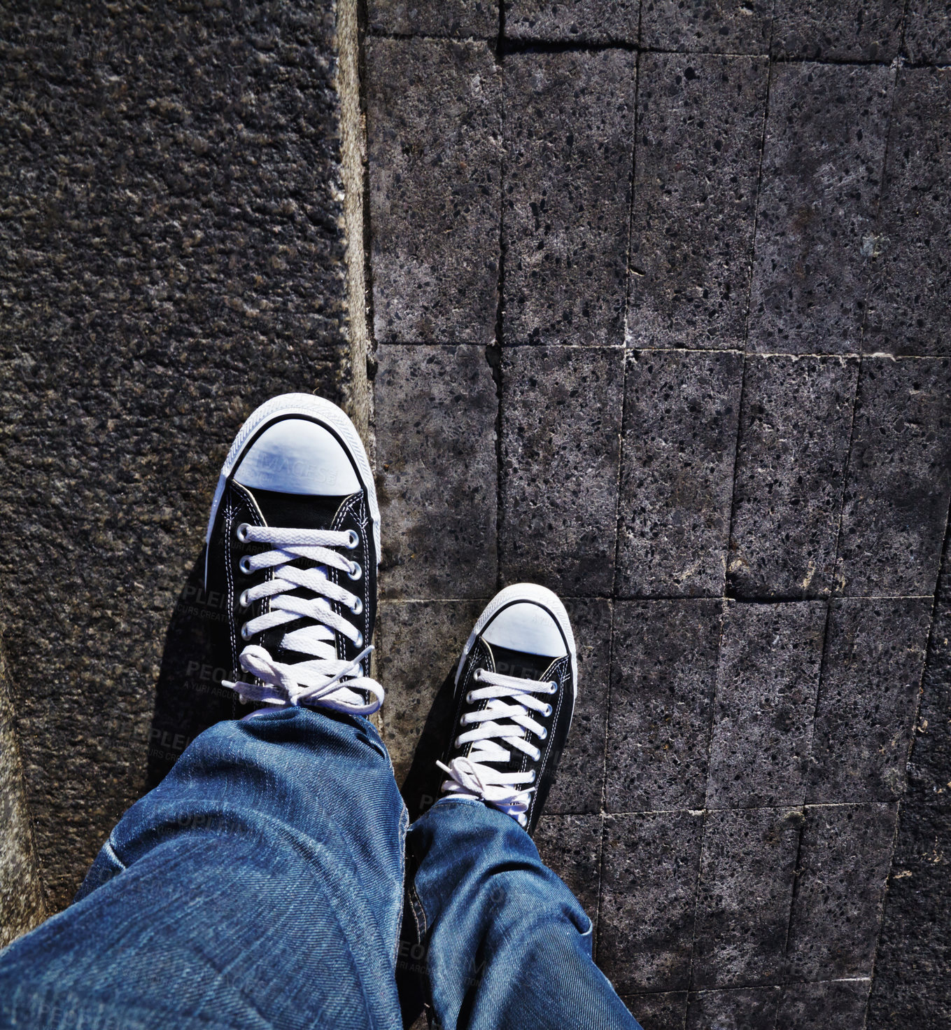 Buy stock photo Pov, shoes and man in a road for travel, weekend and fun in a city alone. Above, feet and male in a street with sneakers outdoors for walking, commute or solo travelling while exploring town on foot