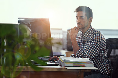 Buy stock photo Computer, focus and business man in office for research, creative and planning. Thinking, professional and technology with male employee on digital agency for startup, email and website designer