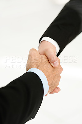 Buy stock photo Business people, shaking hands and thank you for support in introduction, hello and opportunity. Partnership, onboarding and coworkers in agreement, closeup and promotion in office or collaboration