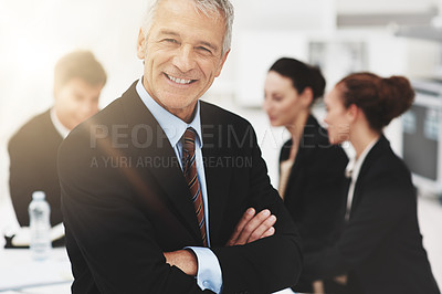Buy stock photo Mature, businessman and portrait with team in meeting and arms crossed in London company. Happy, manager and man with leadership, pride and confidence in business with staff in office collaboration