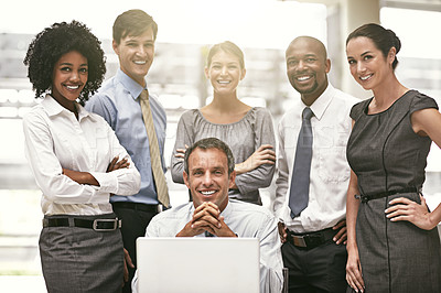 Buy stock photo Diversity, portrait of businesspeople in office and team work with laptop at desk. Teamwork or collaboration, business meeting or group and colleagues or coworkers smiling together at workplace