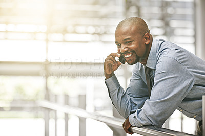 Buy stock photo Black man in business, phone call and networking with smile, corporate contact and communication in workplace. Happy male professional at office, businessman and talking on mobile with mockup space