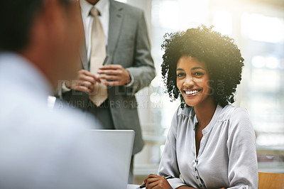 Buy stock photo Portrait, business and smile of black woman in meeting in office with employees. Professional, corporate and happiness of African female leader coworking, confidence and planning in company workplace