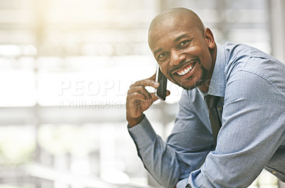 Buy stock photo Black man in business, phone call and networking in portrait, corporate contact and communication in workplace. Happy male professional at office, businessman and talking on mobile with mockup space