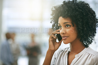 Buy stock photo Phone call, business and black woman listening in office with mockup space. Cellphone, communication and African female professional talking, speaking or discussion with contact while thinking.