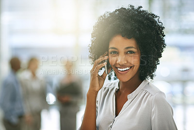 Buy stock photo Phone call, business portrait and smile of black woman in office workplace on mockup space. Cellphone, happiness and face of African female person speaking, communication or discussion with contact.
