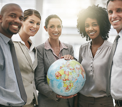 Buy stock photo Portrait, staff and woman with a globe, international growth and company development with happiness. Face, female employee and group with distribution, partnership and new project with collaboration