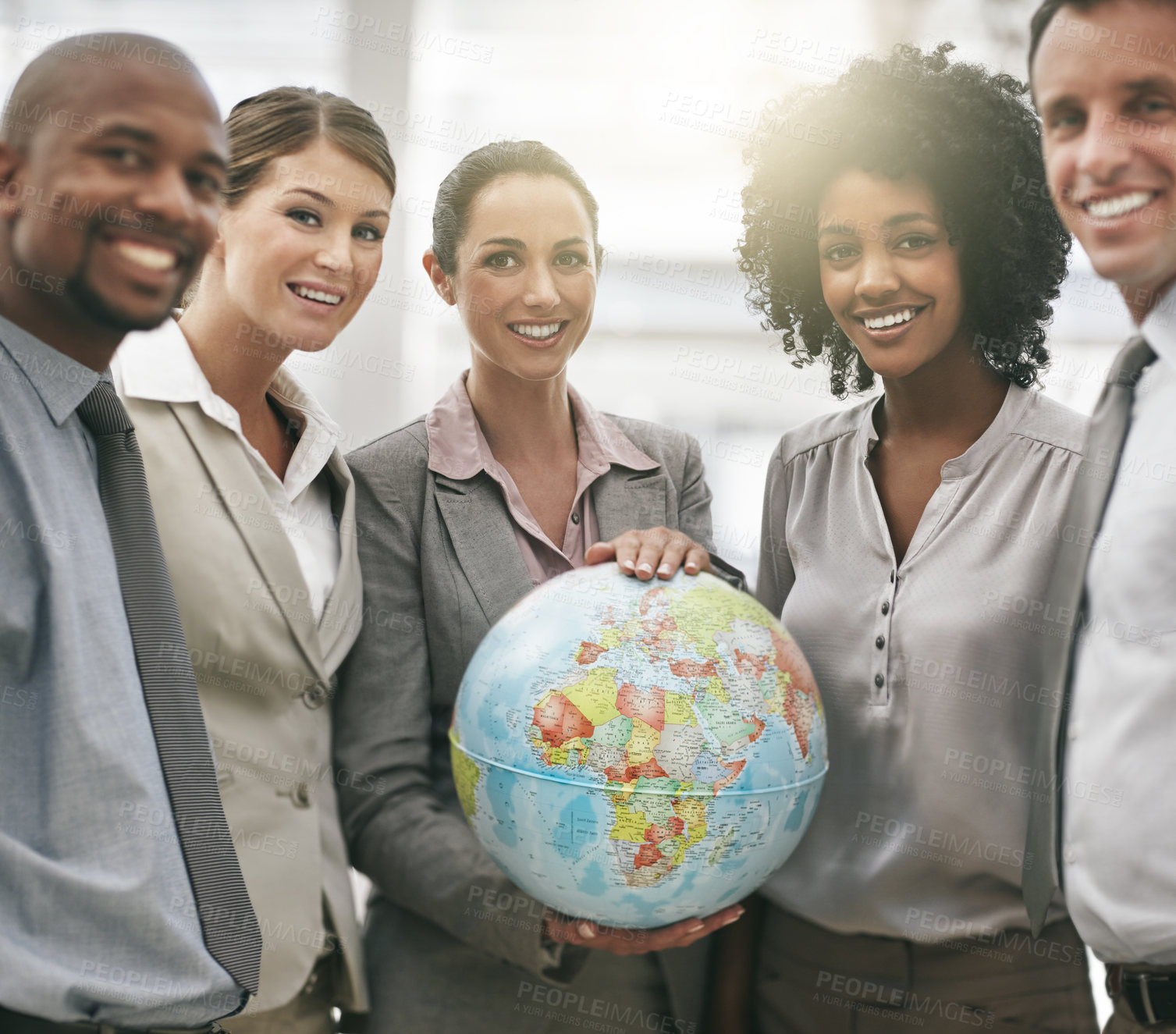 Buy stock photo Portrait, staff and woman with a globe, international growth and company development with happiness. Face, female employee and group with distribution, partnership and new project with collaboration