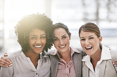 Buy stock photo Business women, friends and team in portrait with smile,  professional people with collaboration and about us. Company community, success and career mindset with support in group of female employees