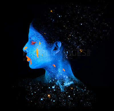 Buy stock photo Face, neon and psychedelic galaxy for creative, art and glitter with unique surreal glow. Person, science fiction and color with dream, rave and abstract uv illusion for mystical fluorescent trance