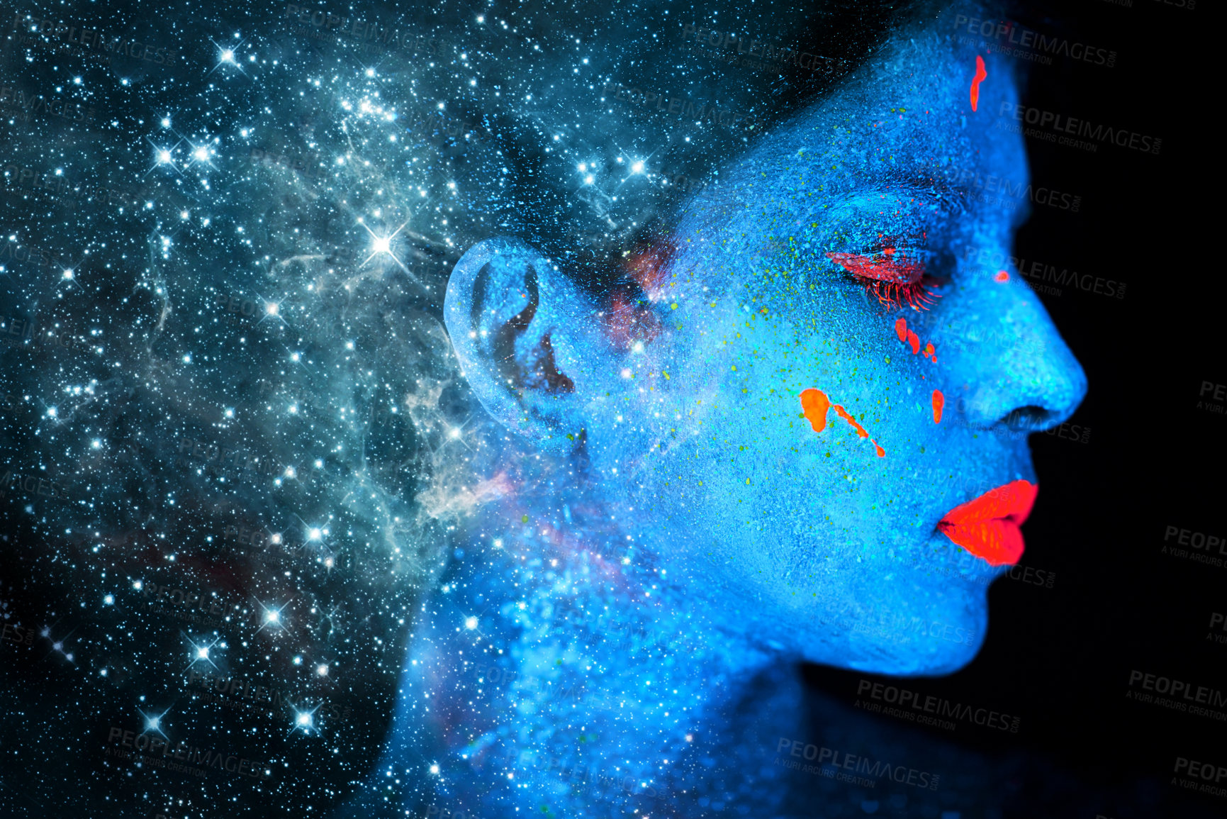Buy stock photo Shot of a young woman posing with neon paint on her face